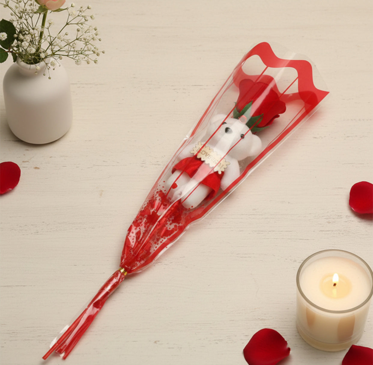 Teddy and Artificial Rose Stick